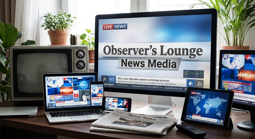 A cluttered collage of modern digital devices including a laptop, smartphone, and tablets surrounding an old retro television set displaying breaking news broadcast screens and newspapers.
