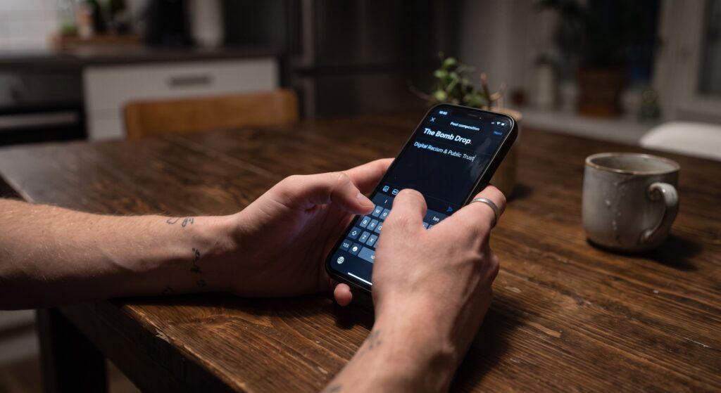 Anonymous hands typing on a smartphone in a dark room, creating a social media post titled "The Bomb Drop."