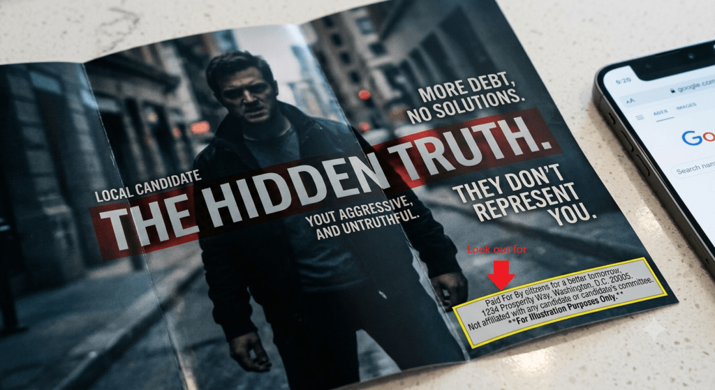 A close-up of a political attack mailer featuring a dark candidate photo alongside a smartphone screen displaying online campaign disclosure search results.