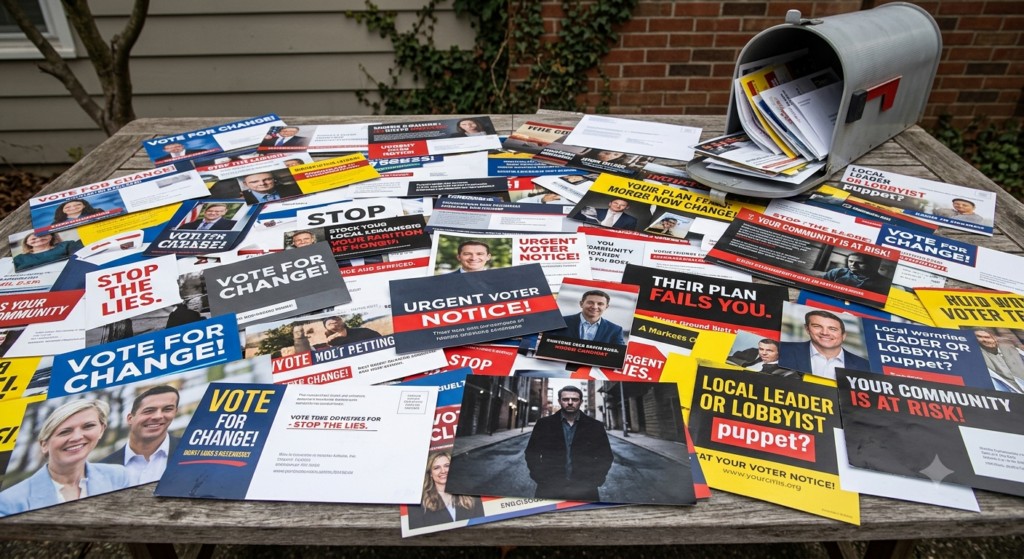 An overflowing metal mailbox and a wooden table completely covered in a chaotic spread of political attack flyers, glossy mailers, and election advertisements.