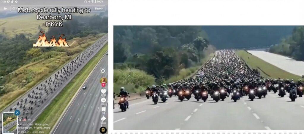 Side-by-side comparison showing a TikTok screenshot of a fake motorcycle rally heading to Dearborn, MI on the left and the original overseas footage on the right