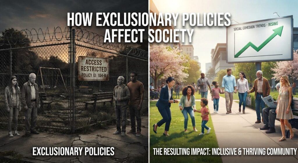 split-screen comparison showing a bleak, fenced-off restricted area on the left labeled exclusionary policies contrasted with a vibrant, diverse community and an upward-trending social cohesion graph on the right