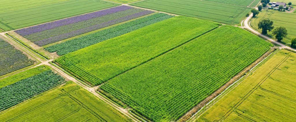  Aerial view of geometric agricultural fields and divided crop rows under bright sunlight 
