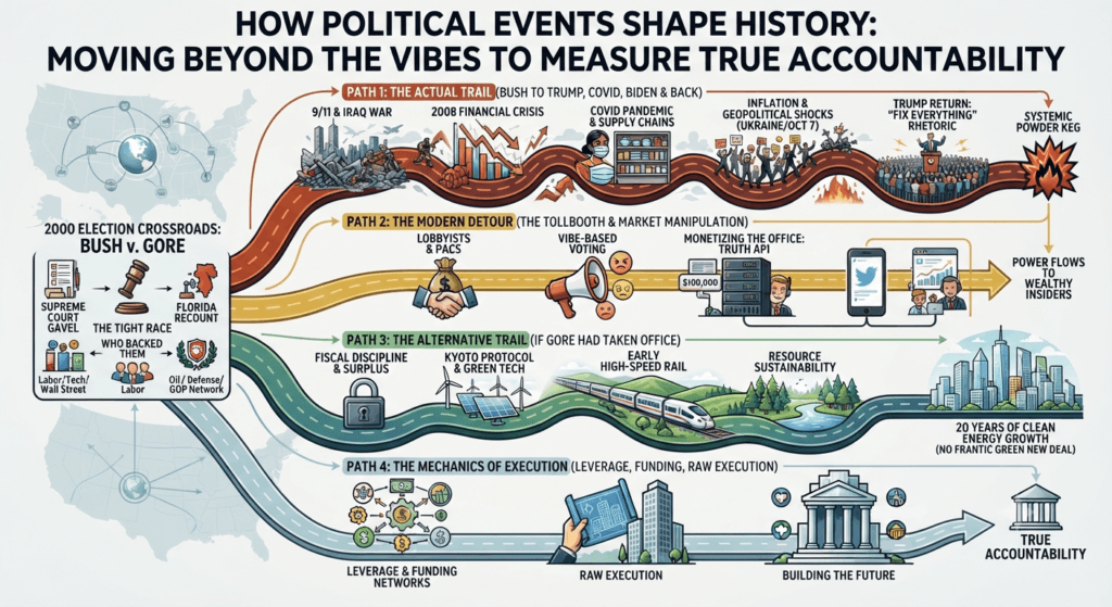 A train moving along political tracks, symbolizing the crossroads of American history, corporate influence, and the evolving 21st-century political landscape featured on Observer's Lounge.