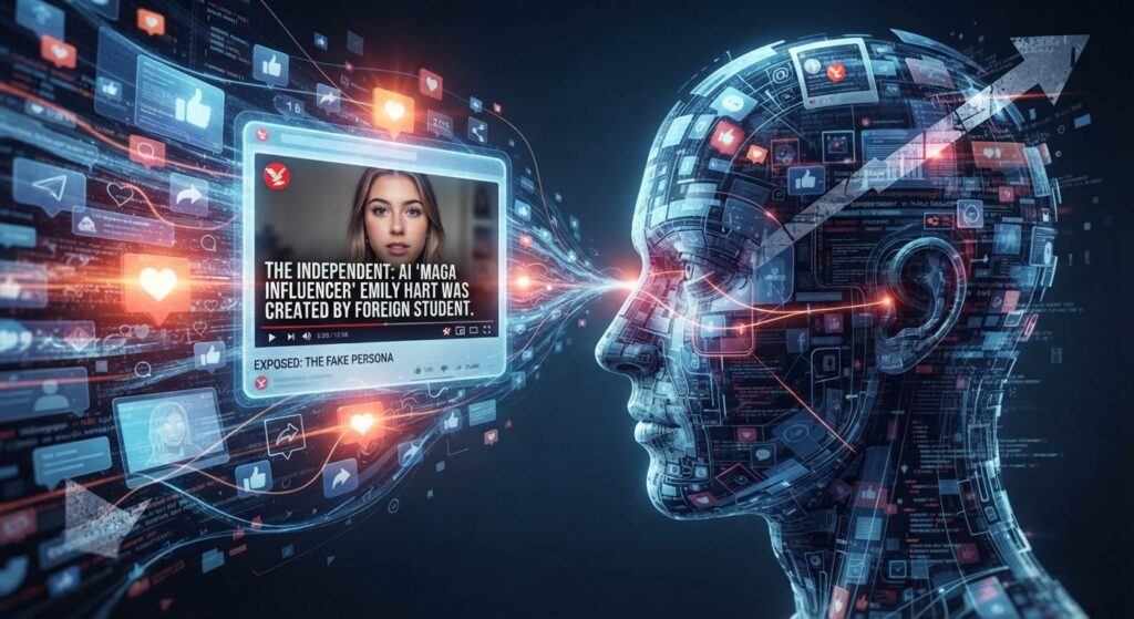 A conceptual digital illustration in shades of blue and purple shows a human head in profile, constructed from interconnected data streams, circuit boards, and social media interface icons. A glowing stream of information flows into the figure's eye. Within this stream, a prominent floating screen displays a video player with the thumbnail of a young woman and overlaid text that reads: "THE INDEPENDENT: AI 'MAGA INFLUENCER' EMILY HART WAS CREATED BY FOREIGN STUDENT. EXPOSED: THE FAKE PERSONA." The image illustrates how digital platforms and manufactured personas reshape voter perception.