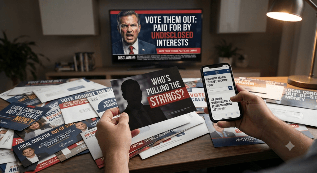 Checking campaign finance data on a smartphone next to political mailers and a television playing an election ad.