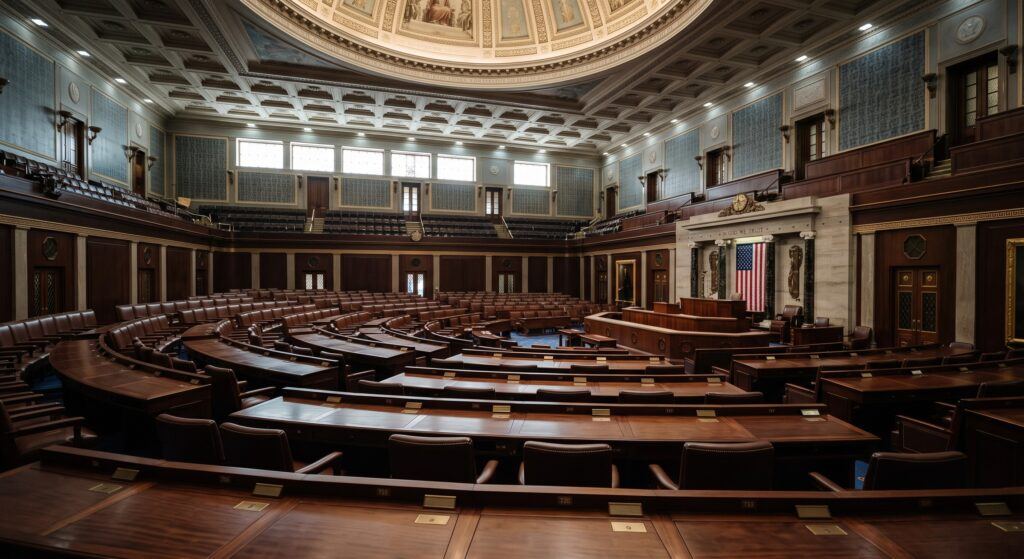 Wide shot of an empty legislative chamber with rows of unoccupied wooden desks, illustrating the short congressional work calendar