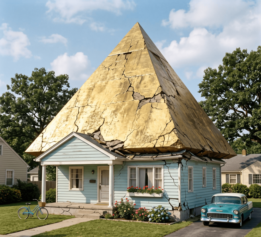 A pastel blue suburban house with a manicured front lawn and a vintage teal car in the driveway, its roof buckling and walls cracking under the weight of a massive, cracked golden pyramid pressing down on it