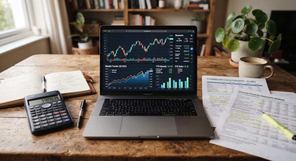 Laptop displaying financial data charts on a wooden desk surrounded by calculators, notebooks, and economic spreadsheets