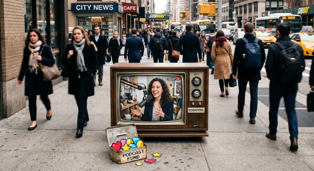 Vintage television on a busy city sidewalk broadcasting a podcast live stream with a metal box labeled Podcast Fund collecting digital gems and coins in broad daylight.