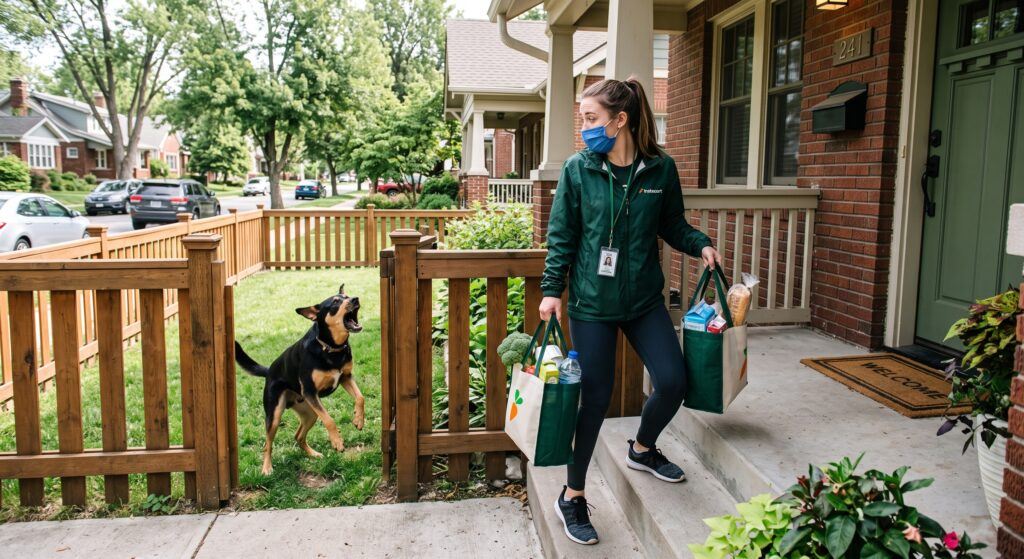 A solo female grocery delivery driver carrying bags up front porch steps while an aggressive dog barks behind a wooden fence gate.