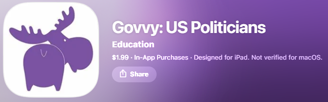 Govvy US Politicians app icon featuring a purple moose in the Apple App Store