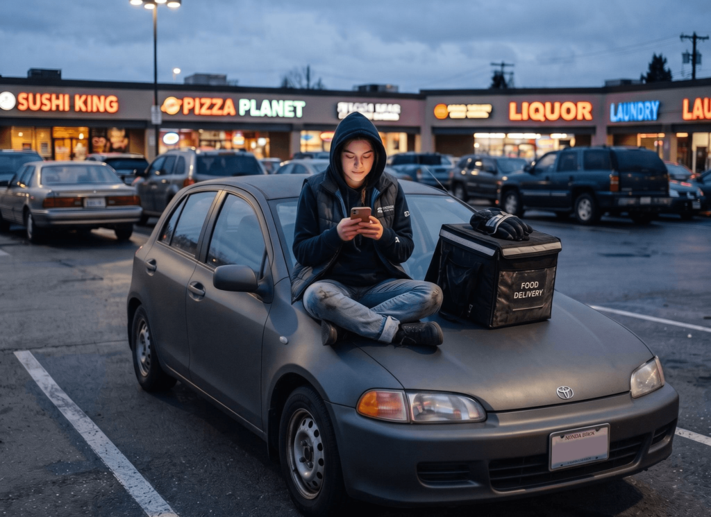 A food delivery courier sitting cross-legged on the dry hood of a car at twilight in a shopping center parking lot checking their phone next to an insulated delivery bag.