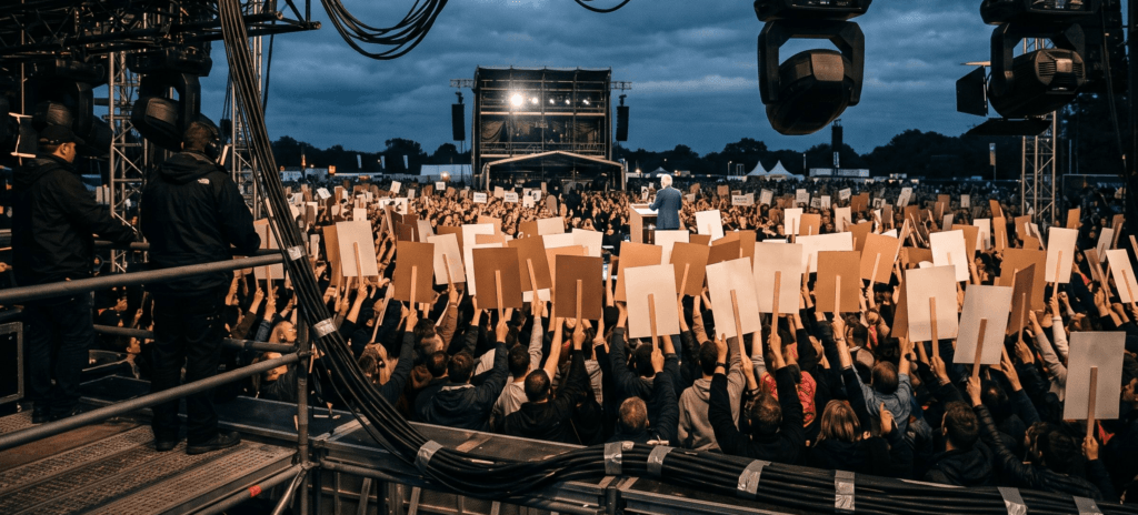 Behind-the-scenes view of a political rally stage with heavy lighting cables overlooking an anonymous crowd holding up identical blank cardboard signs.