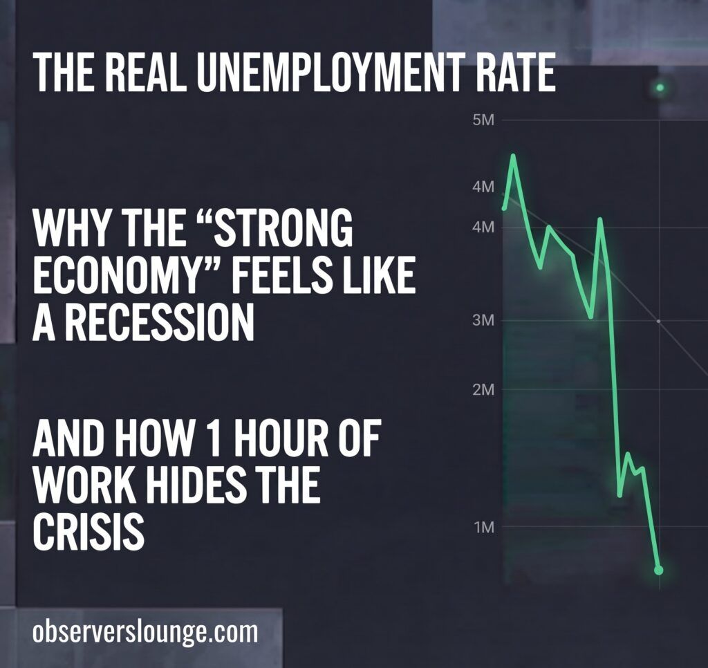 An investigative infographic titled The Real Unemployment Rate against a dark tech-journalism background with a plunging economic chart line.