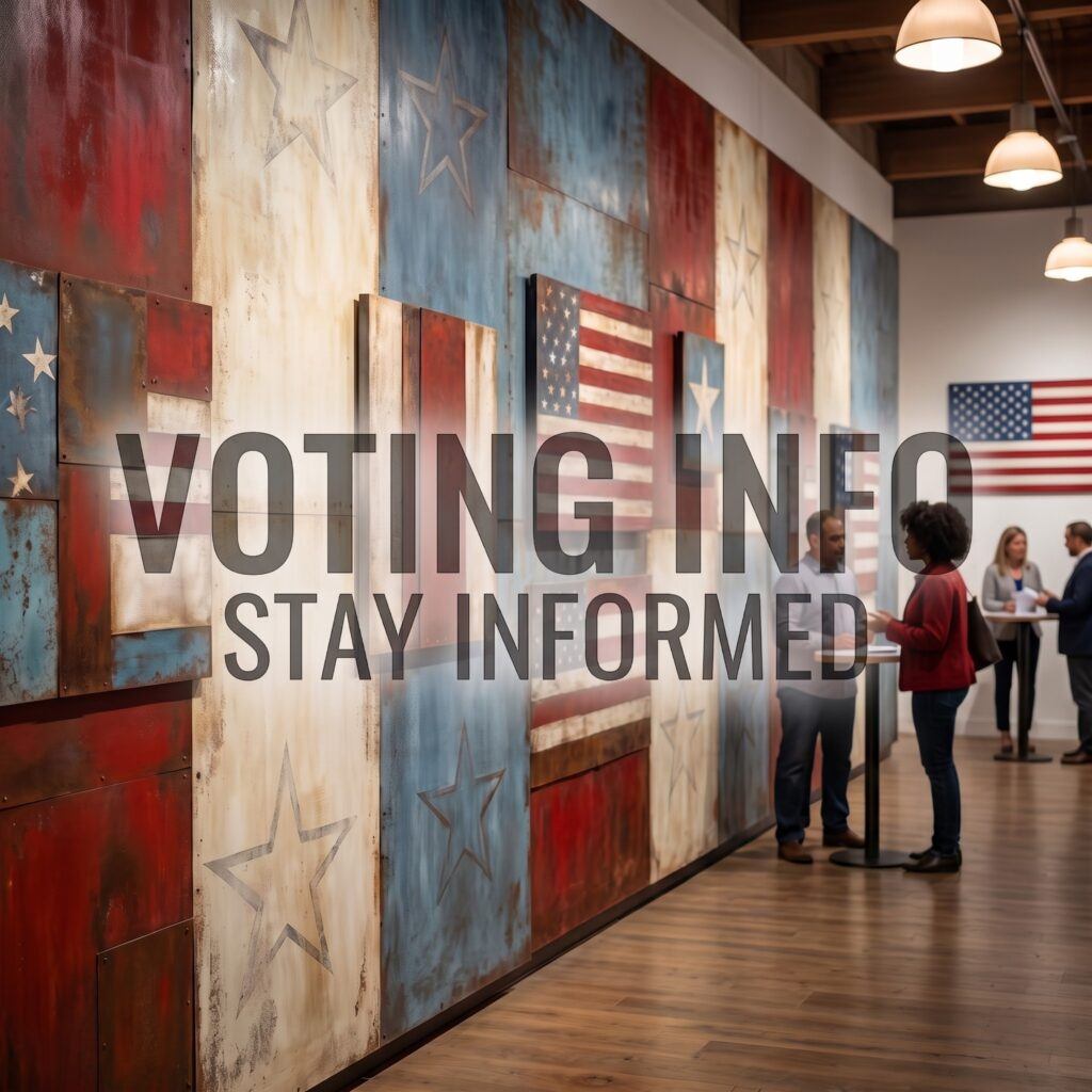 Voter standing in front of an American flag mural with text overlay reading 'Voting Info Stay Informed' for the guide on how to check voter registration safely.