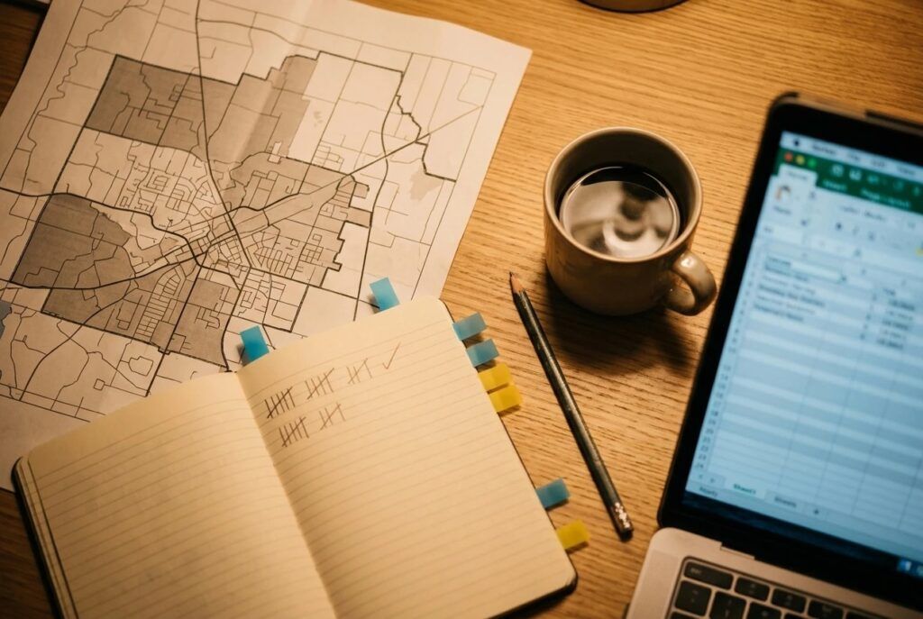 A wooden desk featuring a printed district street map, an open notebook with tally marks, and a laptop displaying a spreadsheet for tracking federal spending.