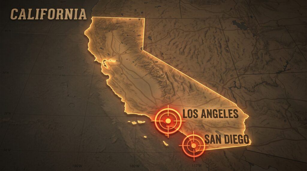 Topographical map illustration of California illuminated in dark tones with glowing target crosshairs focused on Los Angeles and San Diego