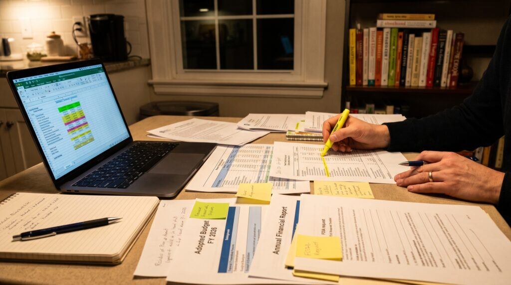 A home desk cluttered with local government budget documents, spreadsheets, and sticky notes under warm evening light.