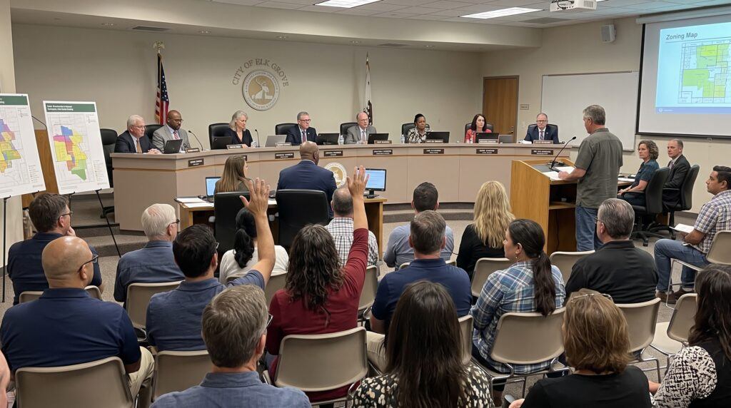 A crowded local city council meeting in Elk Grove, with community members seated in the foreground, some raising their hands, as a resident speaks at a podium to council members seated at a long dais. In the background, zoning maps and presentation screens are visible.