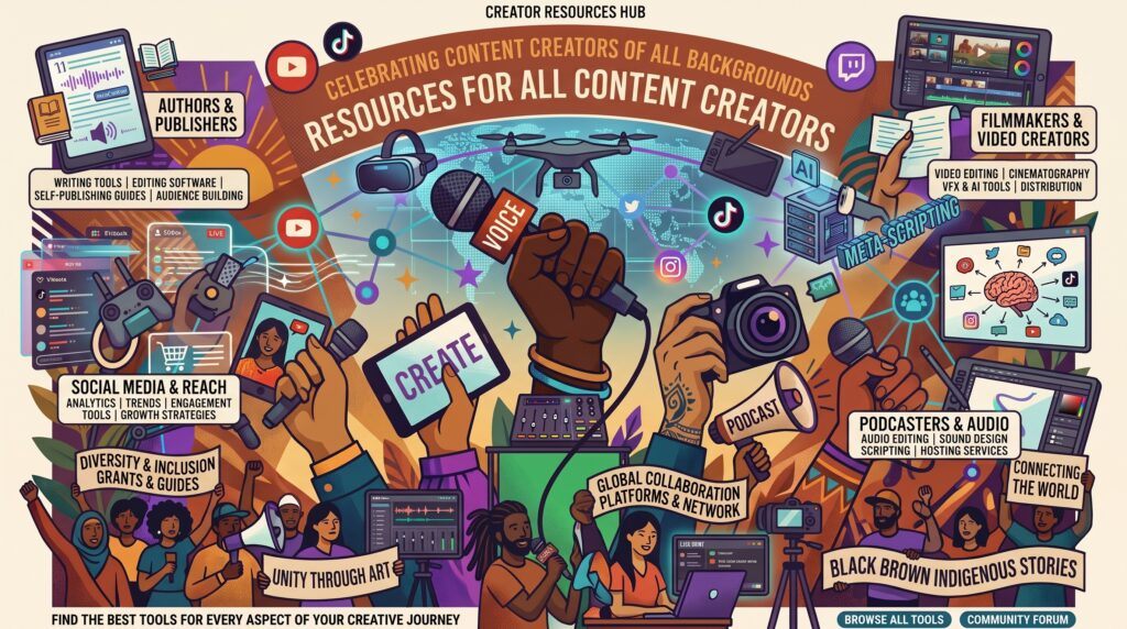 An intricate and detailed illustration titled "CREATOR RESOURCES HUB." It maps the creative ecosystem with connected elements: a central microphone hand, tablets displaying "VOICE" and "CREATE," a drone, social media icons, and dedicated text blocks for "Authors," "Filmmakers," "Podcasters," and "Diversity." The composition forms a complete landscape of tools and groups.