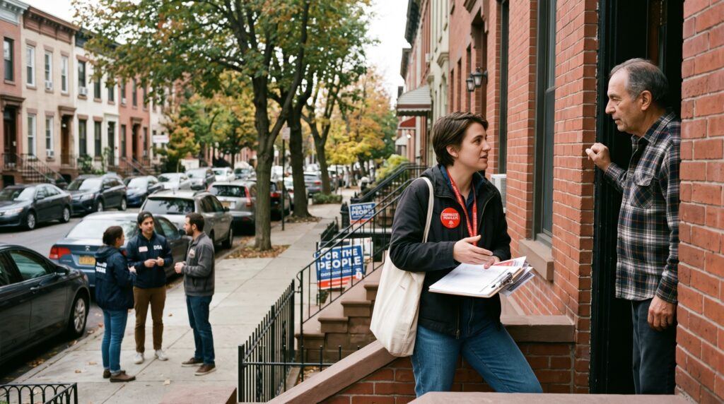 A campaign volunteer with a clipboard and badge speaks with a resident on the front steps of a brick townhouse while other canvassers gather on a residential street.