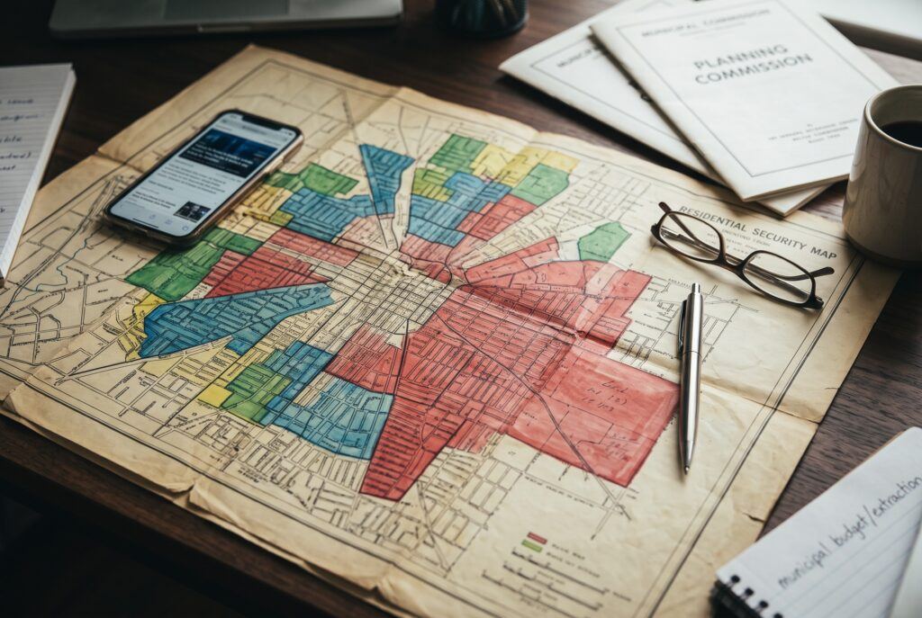 Historical Home Owners' Loan Corporation residential security map showing redlined neighborhood zones on an investigator's desk alongside planning commission municipal documents.