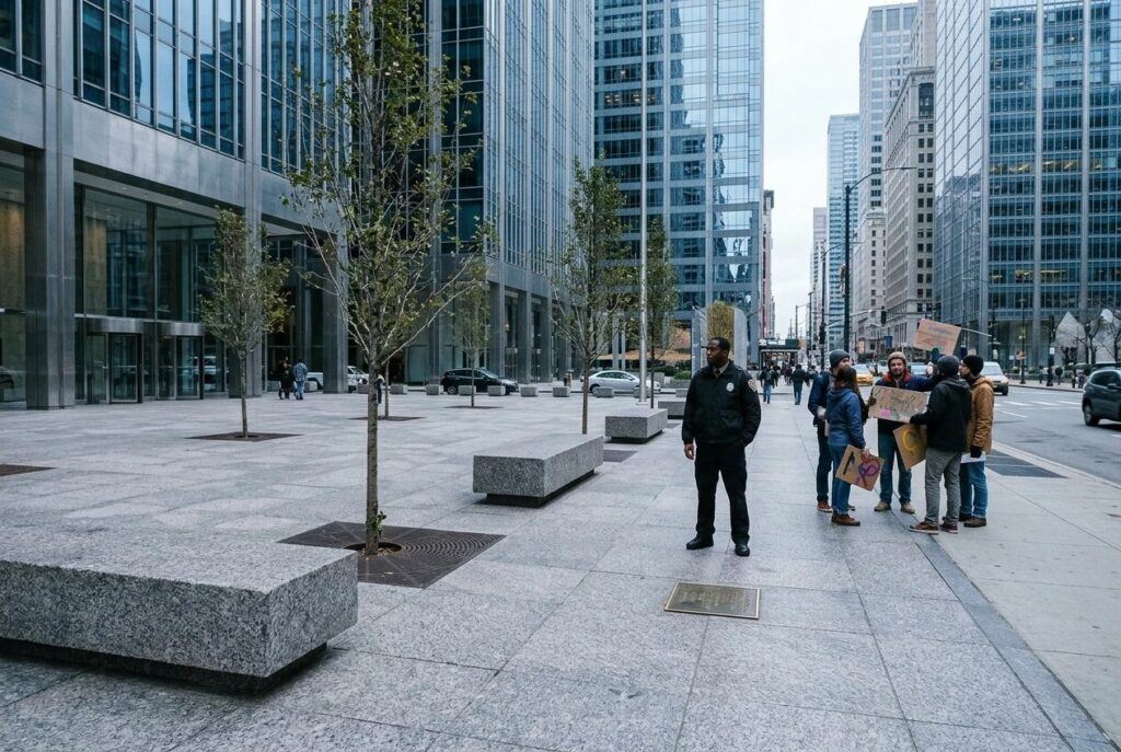 The security officer stands with hands clasped right on that threshold, facing the small group with signs clustered on the sidewalk side. It illustrates private enforcement and buffer dynamics without relying on cliché riot imagery