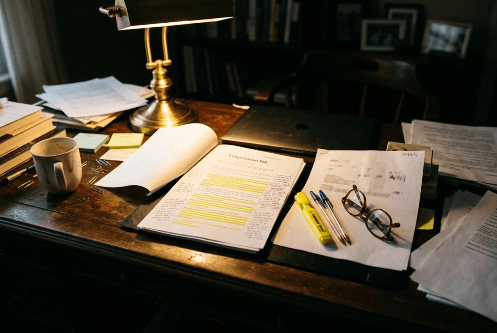 The image shows a dimly lit, atmospheric workspace centered on a dark wooden executive desk covered in research and investigative materials.