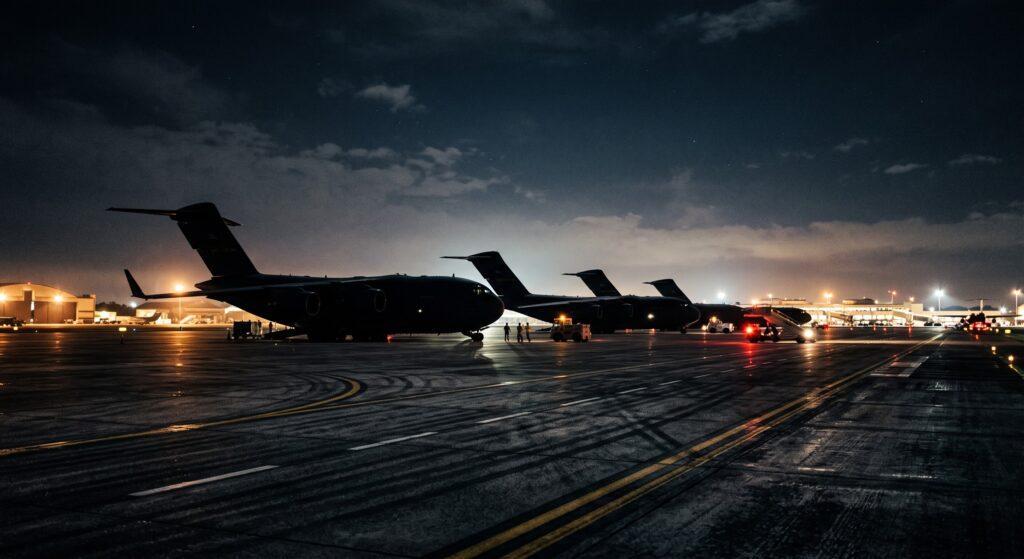 Silhouette of a dark, unmarked charter airplane sitting stationary on an empty airport tarmac at dusk